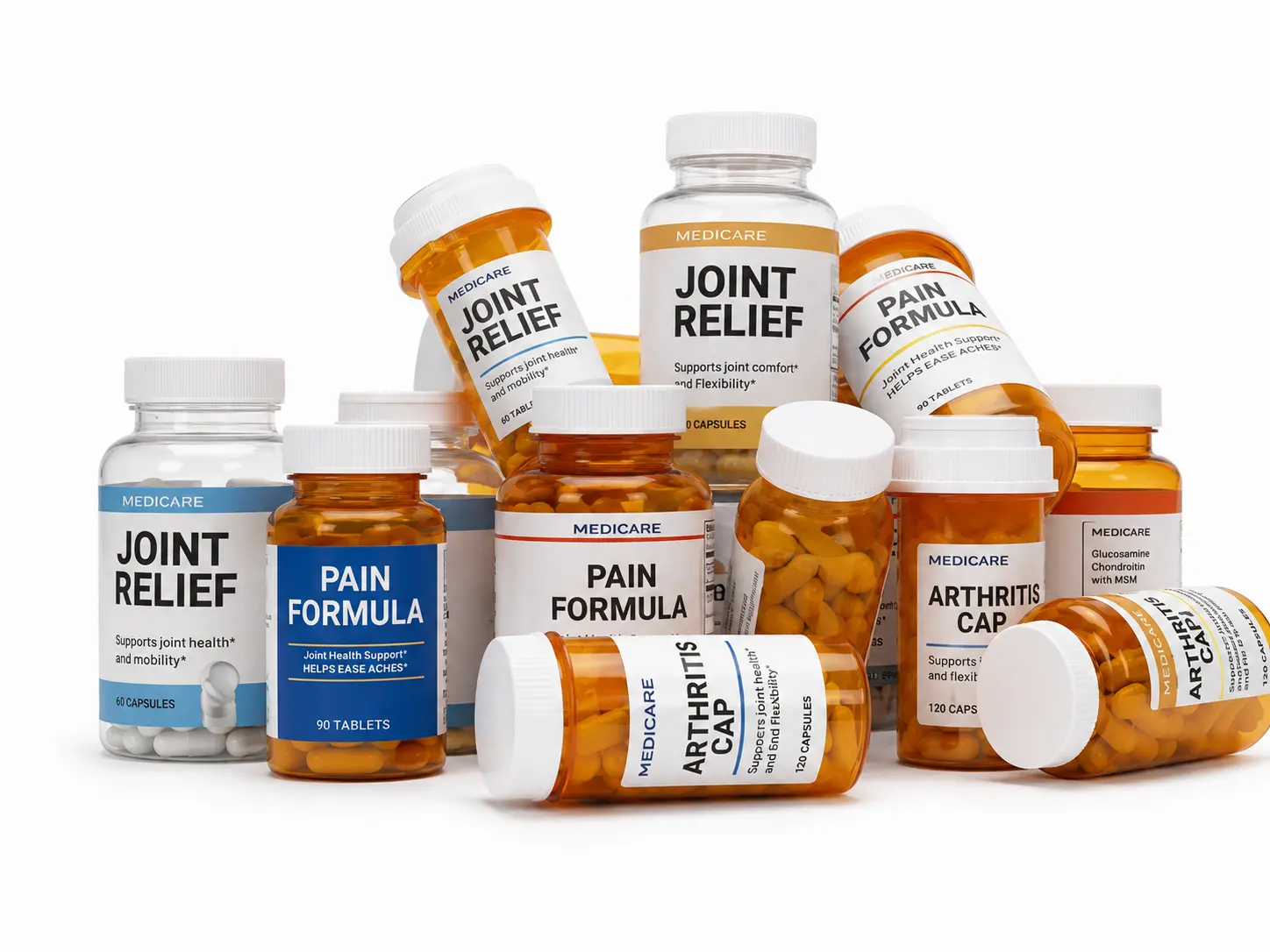 Common painkiller and joint supplement bottles